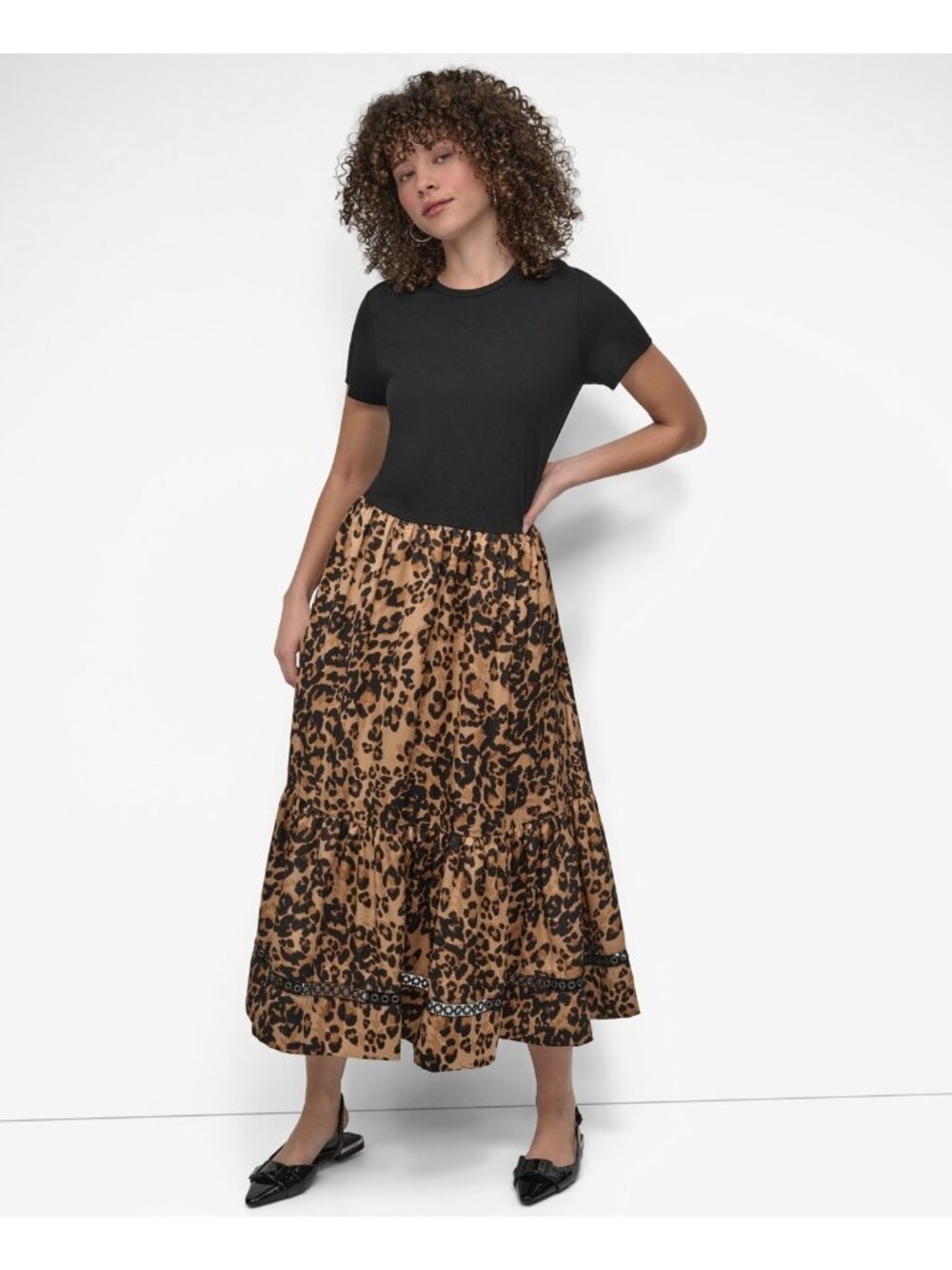 DKNY Women's Mixed Media polyester Round Neck Dress Black Brown Size S $139 SALE